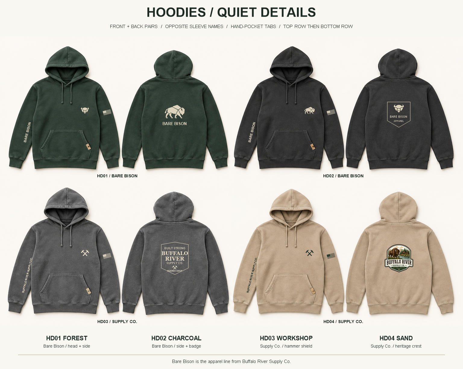 Forest Bare Bison hoodie concept, front and back, with the approved bison marks and little tan tab at the hand-pocket opening