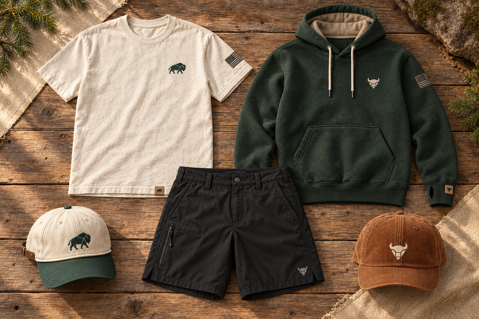 Collection preview: black trail shorts with a small bison head, two hats, a bone tee with a subdued sleeve flag, and a forest hoodie with a tan cuff tag